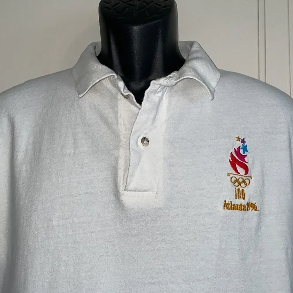 Vintage‎ Hanes white cotton polo shirt with Olympics 100 Atlanta 1996 embroidery